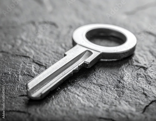 A close-up, grayscale shot of a metal key resting on a rough, dark surface