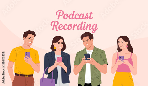 A lively group of four young individuals enjoys podcast recording using their smartphones, symbolizing creativity, collaboration, and modern communication in entertainment.