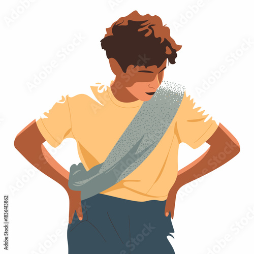 A young person in a yellow t-shirt and stylish pants stands thoughtfully with their hands on their hips, captured in a moment of introspection and style against a plain background.