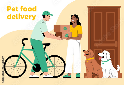 A cheerful illustration depicting a pet food delivery service, featuring a cyclist and a satisfied pet owner with dogs, representing the joy of caring for pets and community.