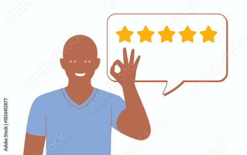 A cheerful man gives an enthusiastic thumbs-up gesture while standing beside five golden stars, symbolizing positive feedback and satisfaction in products or services.