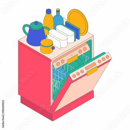 A contemporary dishwasher illustrated with dishes, utensils, and bottles, showcasing the convenience and modernity of kitchen appliances in daily life.
