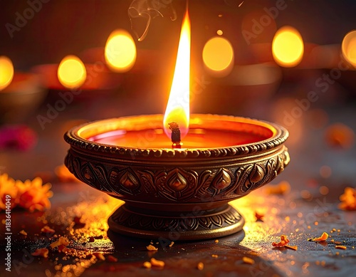 Close-up of a burning oil lamp with a vibrant flame, gold accents, and bokeh lights