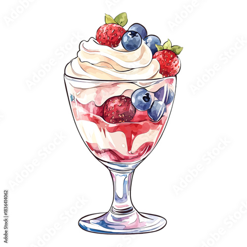 Watercolor Berry Ice Cream Sundae Parfait with Whipped Cream and Fruit Clipart Vector
