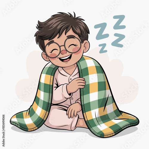A joyful child is peacefully asleep under a cozy blanket, radiating warmth and happiness, embodying the innocence and tranquility of childhood in a serene setting.