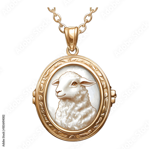 Watercolor Locket Necklace with Mother of Pearl Lamb Cameo Illustration Vector
