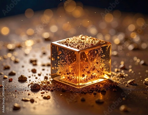 Golden cube, embedded with sparkling flecks, rests on a reflective surface, with bokeh