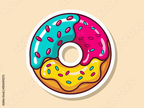 Sweet and vibrant cartoon donut illustration with colorful sprinkles and delightful multi-colored frosting, a playful confectionery graphic element for food-themed designs