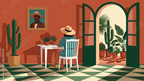 A vibrant digital illustration of a serene moment inside a traditional hacienda with a person, cacti, and a sunlit courtyard