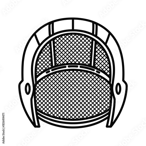 Fencing mask or sports protective helmet line art icon, essential safety equipment