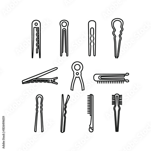 Hair accessories collection vector outline, bobby pins, hair clips, barrettes set icon