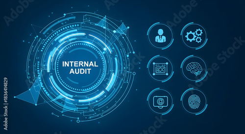 Internal audit concept with digital technology interface showing business analysis and data security on a dark blue background for financial compliance and risk management
