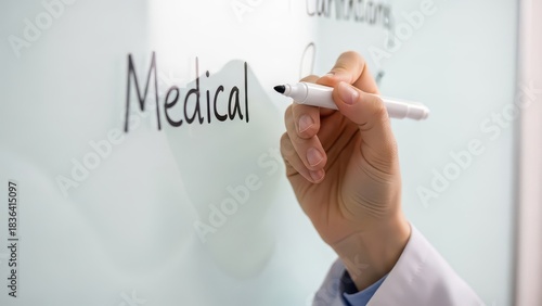 Hand writing Medical on a whiteboard, illustrating concepts in healthcare and education.