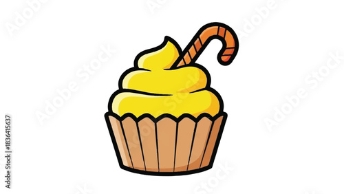 Delicious yellow cupcake with a candy cane decoration.