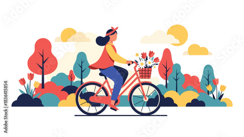 Flat modern portrait of a stylish woman riding a spring bicycle with flower basket while wearing headband and pastel outfit. Ideal for lifestyle, travel, and spring fashion design
