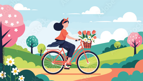 Flat modern portrait of a stylish woman riding a spring bicycle with flower basket while wearing headband and pastel outfit. Ideal for lifestyle, travel, and spring fashion design