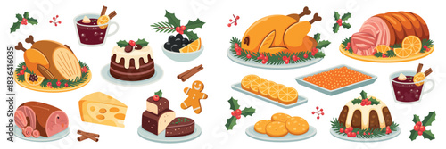 Traditional Christmas Feast Food Collection, Roasted Turkey Glazed Ham Mulled Wine Vector