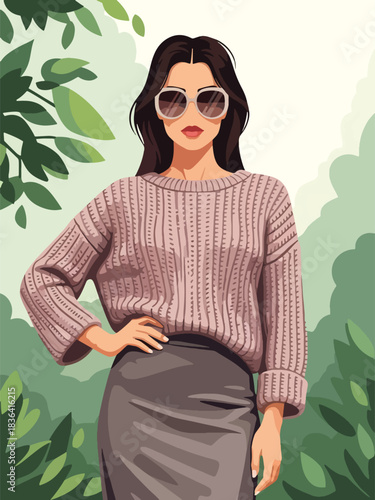 Flat spring portrait of a fashionable woman wearing a lightweight knit sweater and sunglasses, in a fresh park setting. Ideal for spring lifestyle and fashion visuals.