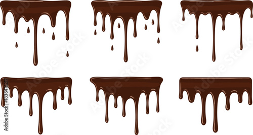 Seamless Vector Set of Six Rich Dark Brown Chocolate Dripping Designs, Perfect for Confectionery Branding, Dessert Toppings, Cake Decorations, Sweet Food Backgrounds, and Menu Graphics