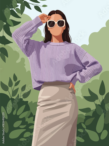 Flat spring portrait of a fashionable woman wearing a lightweight knit sweater and sunglasses, in a fresh park setting. Ideal for spring lifestyle and fashion visuals.
