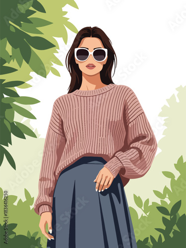 Flat spring portrait of a fashionable woman wearing a lightweight knit sweater and sunglasses, in a fresh park setting. Ideal for spring lifestyle and fashion visuals.