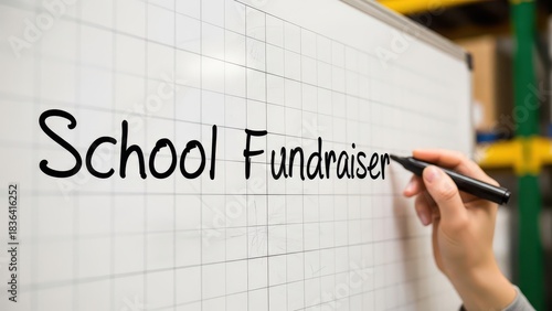 Hand writing School Fundraiser on a whiteboard for an event.