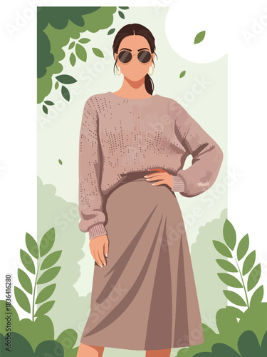 Flat spring portrait of a fashionable woman wearing a lightweight knit sweater and sunglasses, in a fresh park setting. Ideal for spring lifestyle and fashion visuals.