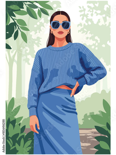 Flat spring portrait of a fashionable woman wearing a lightweight knit sweater and sunglasses, in a fresh park setting. Ideal for spring lifestyle and fashion visuals.