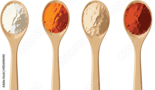 Vector Illustration Set of Four Wooden Spoons Filled with Various Ground Spices, Including Salt, Turmeric, Ginger, and Paprika Powder, Ideal for Cooking, Culinary, and Restaurant Concepts