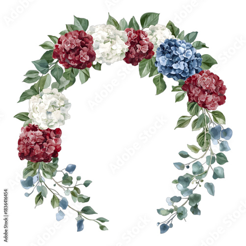 Watercolor Patriotic Red White and Blue Hydrangea Floral Swag Illustration Vector
