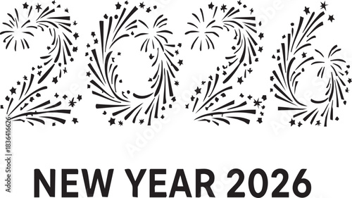 New Year 2026 Firework Typography Silhouette – Black Line Vector Illustration with Decorative Numerals and Festive Text