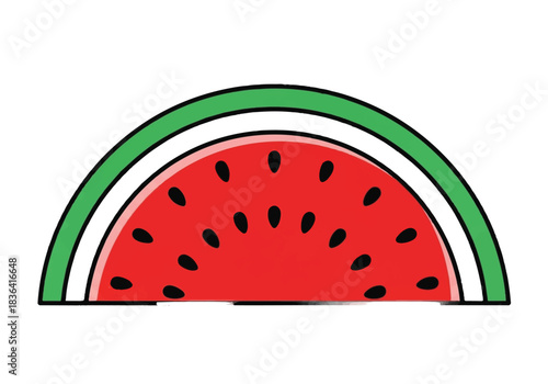 A bright and juicy slice of watermelon with black seeds.