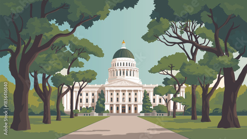 Capitol avenue lined by live oaks and spanish moss in tallahassee, fl, featuring moss green, capitol white, oak brown, soft gold palette, ideal for southern cityscape and landscape illustrations.