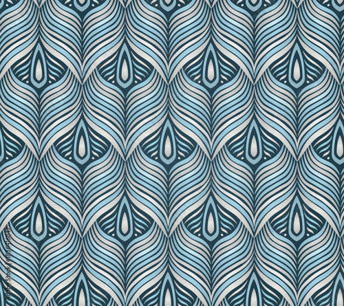 Seamless peacock elegance geometric fabric vector pattern, cloud dancer color. Color of the year 2026