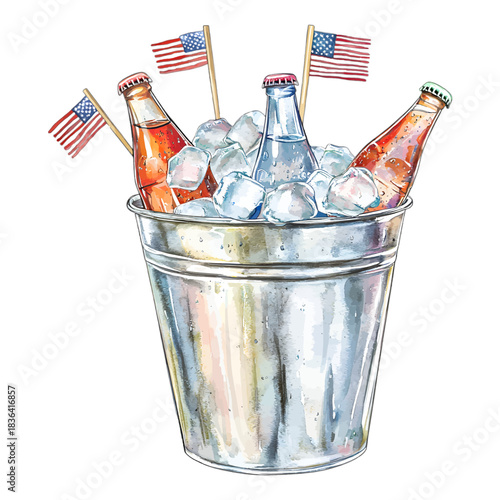 Watercolor Rustic Metal Bucket with Beer Bottles Ice and American Flags Clipart Vector
