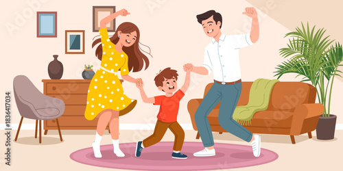 This joyful illustration showcases a family dancing together in their cozy living room, embodying happiness and togetherness that resonates with family values and love.