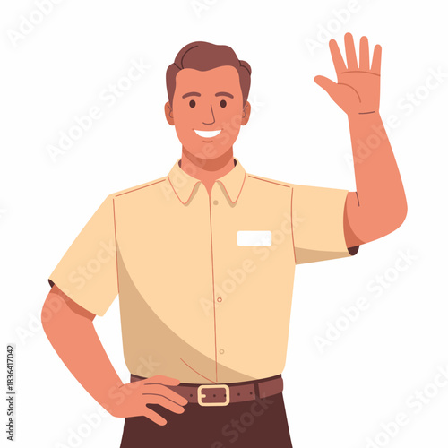 A smiling man waves warmly from behind a desk, dressed in a casual shirt, radiating friendliness and approachability, capturing a welcoming atmosphere in urban life.