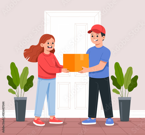 A cheerful scene portraying a delivery interaction between a happy recipient and a courier, showcasing the joy of receiving a package at home.