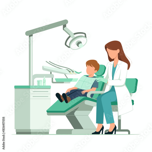 A dental setting where a child sits in a chair while a professional dentist provides a checkup, highlighting the importance of oral hygiene and child care.
