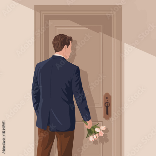This image captures a man elegantly dressed, standing before a door with fresh tulips in hand, symbolizing anticipation and the beauty of moments awaiting new beginnings.