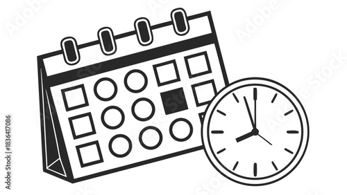 Simple line art illustration of a calendar and a clock representing time and planning