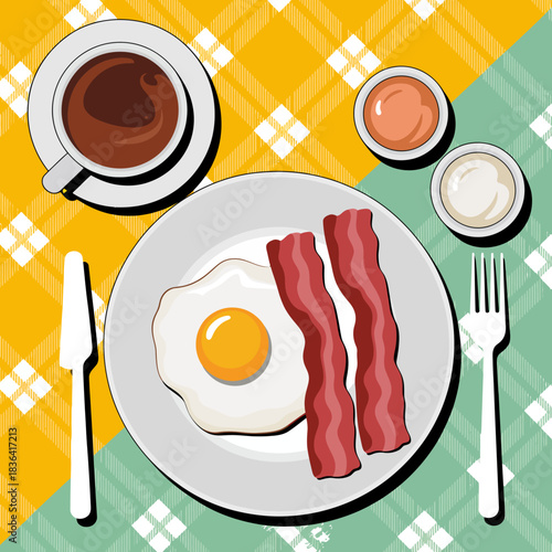 A delightful breakfast arrangement showcasing a sunny-side-up egg, crispy bacon, and a fresh coffee, epitomizing the joy of a satisfying morning meal.