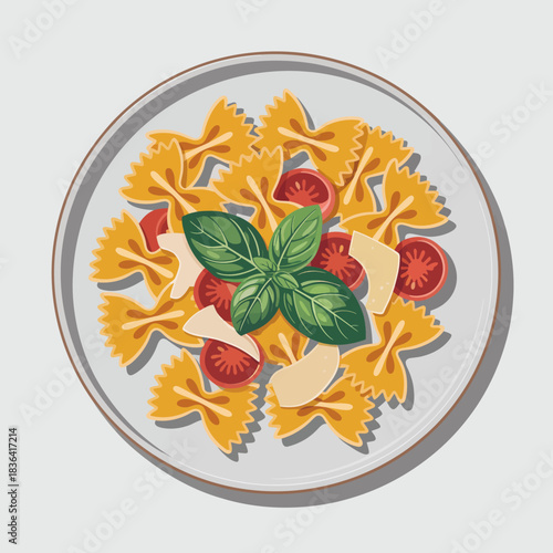 A visually appealing plate of farfalle pasta garnished with cherry tomatoes and basil, showcasing delicious cuisine and the art of culinary presentation.