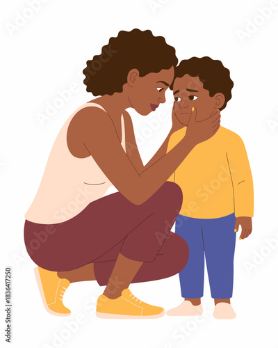 A tender moment between a mother and child, depicting the emotional bond of comfort and support, portraying essential human connections and love in parenting.