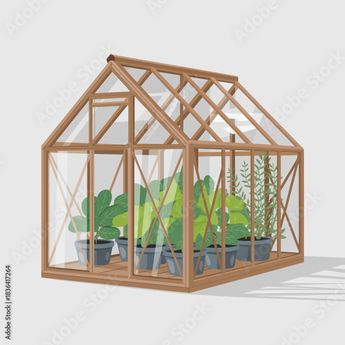 A beautifully crafted greenhouse showcasing an assortment of thriving plants, promoting the concept of gardening, sustainability, and nurturing nature's bounty.