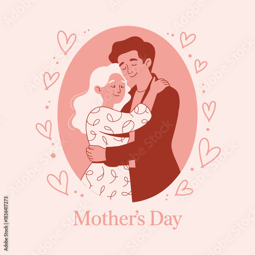 A warm illustration depicting a couple embracing, honoring the love shared on Mother's Day, representing affection, connection, and the importance of family relationships.