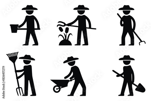 Man wearing hat uses gardening tools performing different activities in black silhouette icons against white background