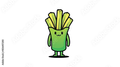 Cute French Fries Character with Happy Face and Green Color.