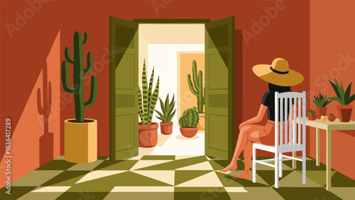 Woman in sun hat relaxing in a room filled with potted cacti and plants, a bright doorway leading to more greenery