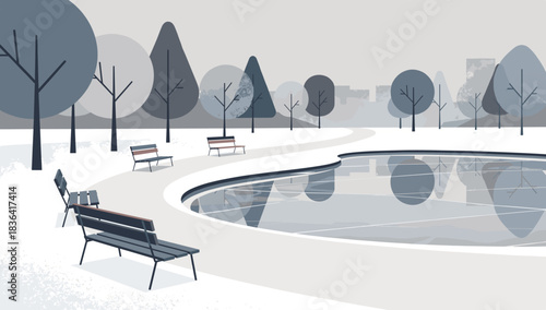 Peaceful winter scene in a serene park with benches and frozen pond, perfect for holiday cards or a calming background, conveying tranquility and peace